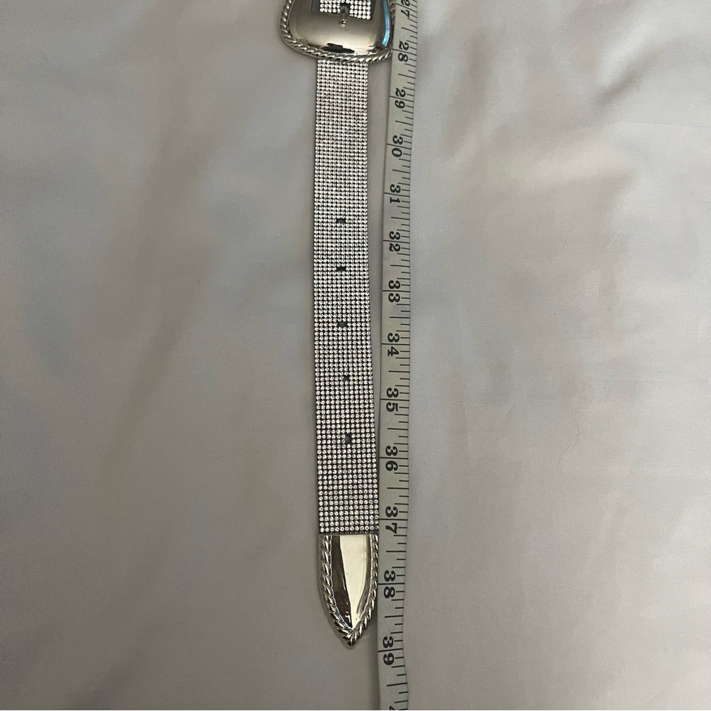 Silver tone double buckle skinny belt with rhinestones details - Picture 7 of 9